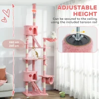 PawHut 94"-102" Floor to Ceiling Cat Tree High Cat Condo Scratching Post Activity Center Multi-Level Play House Pink(m-5)