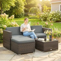 Outsunny 3 Pieces Patio Furniture Set with Cushions, Outdoor PE Rattan Wicker Conversation Corner Sofa Set with Glass Top Table(m-1)