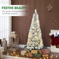 HOMCOM 5ft Flocked Christmas Tree with Dual Colour LED Light, Pencil Hinged Xmas Tree with 11 Light Modes, Easy Assembly(m-4)