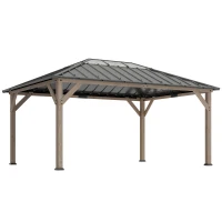 Outsunny 12' x 16' Hardtop Gazebo with Galvanized Steel Roof, UPF50+ Wood Permanent Pavilion with Clear Roof Top, Light Walnut(m-11)