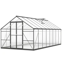 Outsunny Polycarbonate Greenhouse, Walk-in Green House with Two Top Windows, Rain Gutter and Swing Door, 8' x 16' x 7', Dark Grey(m-2)