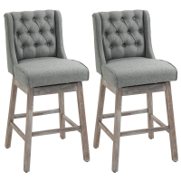 HOMCOM Bar Height Bar Stools Set of 2, 180 Degree Swivel Barstools with Solid Wood Footrests and Button Tufted Design, 30" Seat Height Bar Chairs for Kitchen Island, Gray