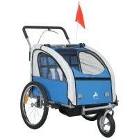 Aosom 2-in-1 Bike Trailer for Kids, Foldable 2-Seat Baby Stroller with 5-Point Harness, Rubber Wheels, Storage Bag, Blue(m-2)