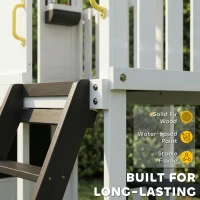 Qaba Two-Story Outdoor Playhouse, Wooden Kids Playhouse with Slide, Table & Bench, Play Kitchen, Ladder, Blackboard, White(m-5)