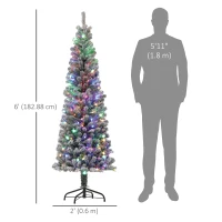 HOMCOM 6ft Prelit Pencil Artificial Christmas Tree, Flocked Xmas Tree with Remote, Dual Colour LEDs, 429 Tips, Metal Stand(m-3)