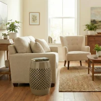 Outsunny 12.4" Steel Patio End Table, Round Hollow Drum Side Table, Accent Table for Indoor and Outdoor, Khaki(m-9)