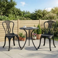 Outsunny 3 Pieces Antique Outdoor Bistro Set Cast Aluminum Patio Table and Chairs with Umbrella Hole, Black(m-1)