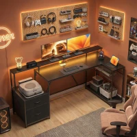 HOMCOM 76" Gaming Desk, Reversible Computer Table with RGB Lights, USB Ports, Monitor Stand and 2 Fabric Drawers, Black(m-1)