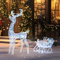 Outsunny Lighted Christmas Reindeer with Sleigh, Outdoor Reindeer with 170 LED Lights and Stakes, Holiday Decor, Silver(m-8)