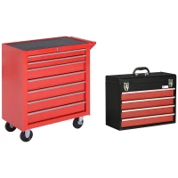 DURHAND Lockable Tool Chest and Tool Box Set of 2, 7 Drawer Tool Cabinet with Wheels, 4 Drawer Portable Tool Chest with Handle for Garage, Factory, Workshop, Red(m-11)