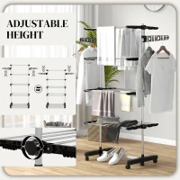 HOMCOM Garment Drying Rack Stainless Steel Folding Clothes Hanging Rack with Side Wings Castors for Indoor Outdoor Black(m-4)