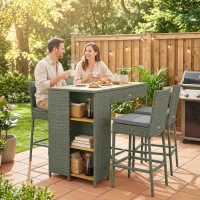 Outsunny 5 Piece Wicker Outdoor Bar Set, Acacia Wood Outdoor High Top Table and Chairs with 3 Tier Shelves, Cushions, Gray(m-10)