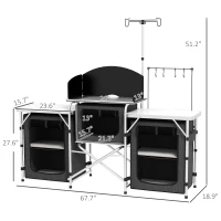 Outsunny Aluminum Camping Kitchen, Portable Folding Camping Table with Fabric Cupboards, Windshield, Bag for BBQ, Picnic, Black(m-3)