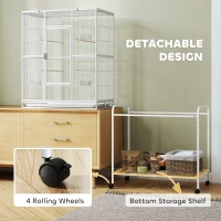 PawHut 64" Large Rolling Bird Cage Bird House with Detachable Rolling Stand, Storage Shelf, Wood Perch Food Container, White(m-6)
