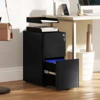 Vinsetto 3 Drawer Filing Cabinet, Lockable Steel Office Storage Cabinet with Hanging Bar for Letter, A4, Legal Files, Black(m-8)