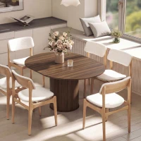 HOMCOM Extendable Kitchen Table for 6-8, 43.5"-59" Farmhouse Dining Table with Pedestal Base Walnut Wood Grain(m-10)