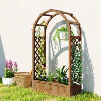 Outsunny Raised Garden Bed with Arch Trellis, Freestanding Garden Planter Box, Outdoor Planter Container, Dark Brown Wood Effect(m-1)