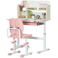 Qaba Kids Desk and Chair Set with Hand Crank, Tilted Desktop, Height Adjustable Student Writing Desk & Chair with Adaptive Seat Back, Footrest, Bookshelf, Drawer, Pen Holder, Pink(m-11)
