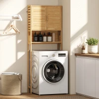 HOMCOM Over the Toilet Cabinet, Bathroom Organizer with 2 Doors, Open Compartment and Adjustable Shelf, Natural Wood Finish(m-9)