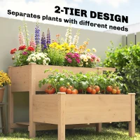 Outsunny Wooden Raised Garden Bed, 2-Tier Raised Planter with Storage Shelf, Side Board, Drainage Holes and Liner(m-4)