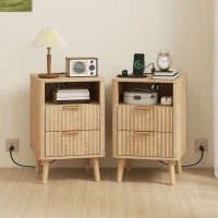 HOMCOM Nightstands Set of 2, Modern Bedside Tables with Charging Station, 2 Drawers and Open Shelf, Oak(m-1)