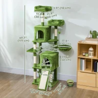 PawHut Cat Tree, 70" Multi-Level Cat Tower with 2 Condos, 2 Perches, Hammock, Toy Balls, Scratching Posts and Board, Green(m-3)