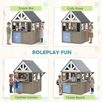 Qaba Outdoor Playhouse, Wooden Kids Playhouse with Dog Door, Flower Box, Cookware & Window for Garden Ages 2+, Gray(m-6)