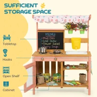 Qaba Kids Mud Kitchen with Canopy, Outdoor Wooden Play Kitchen with Planter Box, Accessories for Age 3-6, Pink(m-7)