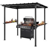 Outsunny 9' x 6' Hardtop Grill Gazebo, BBQ Gazebo with 2 Side Shelves and Galvanized Metal Slope Roof, Black(m-2)