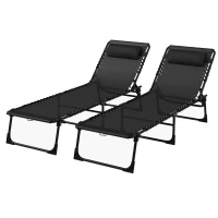 Outsunny 2pcs Folding Lounge Chair, Adjustable Chaise Lounge with Headrest, Reclining Lounger Cot for Camping, Black(m-2)