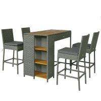 Outsunny 5 Piece Wicker Outdoor Bar Set, Acacia Wood Outdoor High Top Table and Chairs with 3 Tier Shelves, Cushions, Gray(m-1)