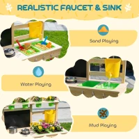 Qaba Kids Mud Kitchen, Outdoor Wooden Play Kitchen with Kitchenware & Garden Tools, Pretend Play Outdoor Toys, Natural(m-4)