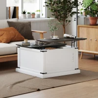 HOMCOM Lift Top Coffee Table with Charging Station, Square Farmhouse Center Table with Hidden Storage, White Wood Grain(m-8)