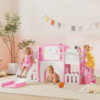 Qaba 7 in 1 Toddler Slide with Basketball Hoop, Climbing Frame, Telescope, Drawing Board, Storage Box for Ages 1-3, Pink(m-1)