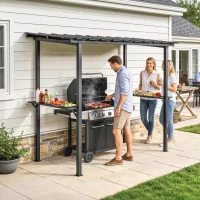 Outsunny 9' x 6' Hardtop Grill Gazebo, BBQ Gazebo with 2 Side Shelves and Galvanized Metal Slope Roof, Black(m-8)