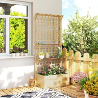 Outsunny Wooden Raised Garden Bed with Trellis and Roof, Elevated Planter Box with 2 Shelves, Drainage Hole and Liner, Natural(m-10)