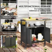 Outsunny Outdoor Grill Cart Table with Foldable Side Table, BBQ Grill Stand with Stainless Steel Top & Hooks, 45.7"x19.7", Black(m-4)