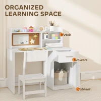 Qaba Kids Desk and Chair Set, Kids Study Table and Chair Set with Storage Hutch, Drawer, Cabinet, Compartments, Cork Board(m-4)