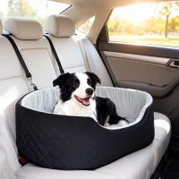PawHut Dog Car Seat for Small Medium Pets, Detachable Washable Pet Bed with Cushion and Safety Belt for Dog Under 33lbs, Black(m-1)