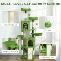 PawHut Cat Tree, 70" Multi-Level Cat Tower with 2 Condos, 2 Perches, Hammock, Toy Balls, Scratching Posts and Board, Green(m-4)