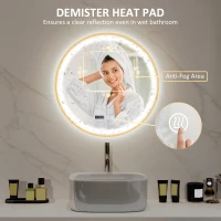 HOMCOM 24" Round Bathroom Mirror with LED Lights, Wall Mounted Vanity Mirror with Anti-Fog Pad, Time and Temp Display, Gold(m-5)