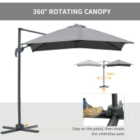 Outsunny 8' x 8' Square Patio Hanging Offset Umbrella Aluminum Outdoor Cantilever Crank Market Parasol Garden Sun Canopy Shelter 360° Rotation w/ Cross Base Grey(m-4)