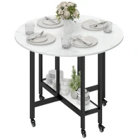 HOMCOM Folding Dining Table, Drop Leaf Table with Open Shelf, Rolling Kitchen Table for Dining Room, Small Spaces, White Marble(m-2)