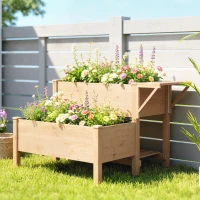 Outsunny Wooden Raised Garden Bed, 2-Tier Raised Planter with Storage Shelf, Side Board, Drainage Holes and Liner(m-1)