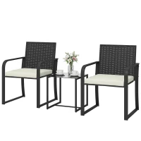 Outsunny Outdoor Bistro Set, 3 Piece Wicker Patio Furniture with Mesh Seat, Glass Table, Cushions for Porch, Balcony, Cream White(m-2)