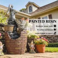 Outsunny 4-Tier Outdoor Fountain with Planter, Cascading Waterfall Feature with LED Lights, Rustic Brown and Grey(m-9)