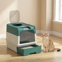 PawHut Cat Litter Box Hooded Cat Litter Tray with Drawer Pan Front Entry & Top Exit Easy Cleaning Teal(m-8)