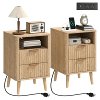 HOMCOM Nightstands Set of 2, Modern Bedside Tables with Charging Station, 2 Drawers and Open Shelf, Oak(m-11)