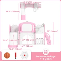 Qaba 7 in 1 Toddler Slide with Basketball Hoop, Climbing Frame, Telescope, Drawing Board, Storage Box for Ages 1-3, Pink(m-3)