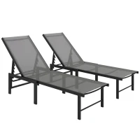 Outsunny Outdoor Lounge Chair Set of 2, 5-Position Reclining Outdoor Chaise Lounge Tanning Chair with Mesh Seat, Grey(m-11)